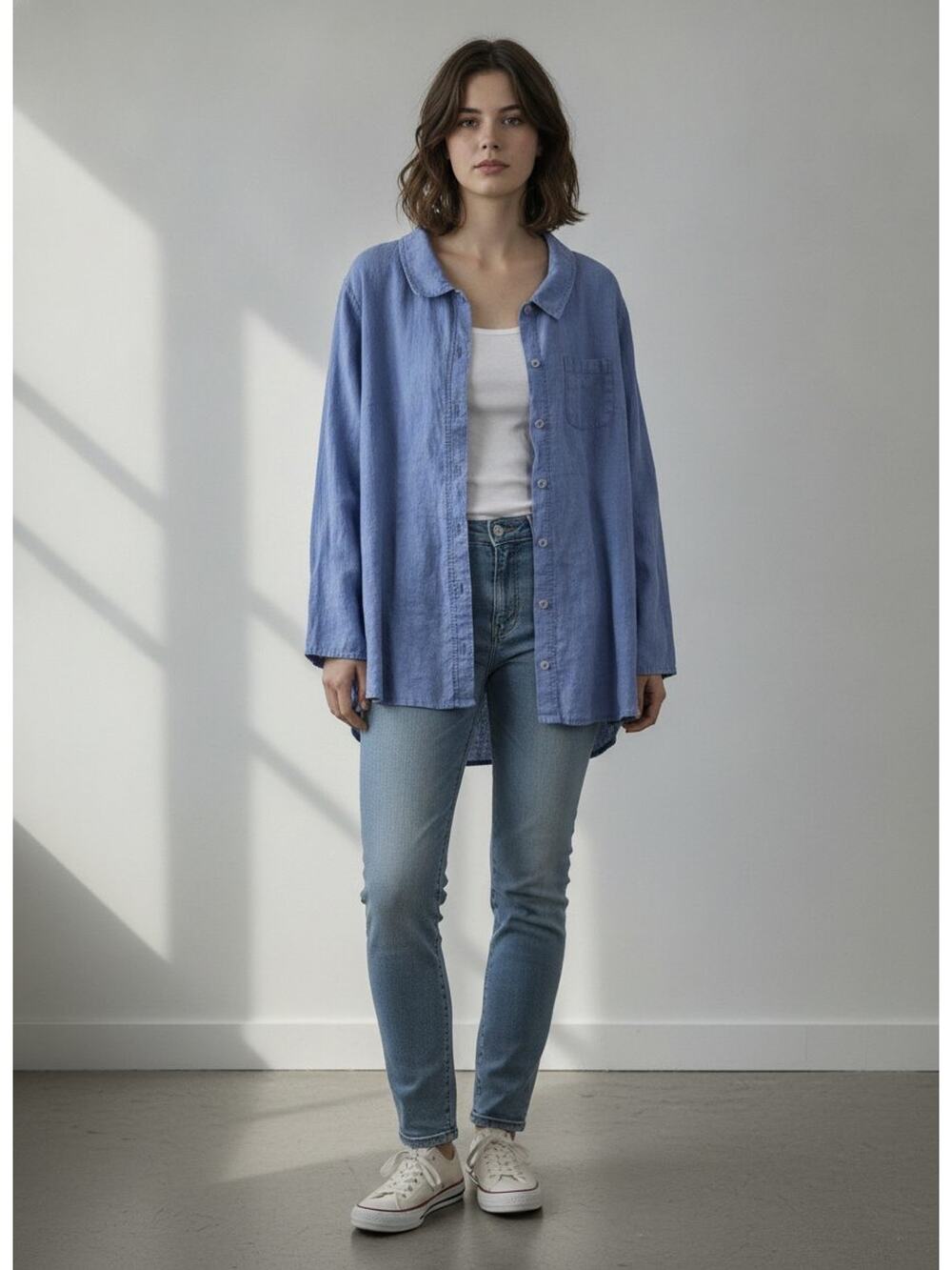 FLAX 100% Linen Button-Down Oversized Relaxed Fit Classic Collared Shirt, Lg
